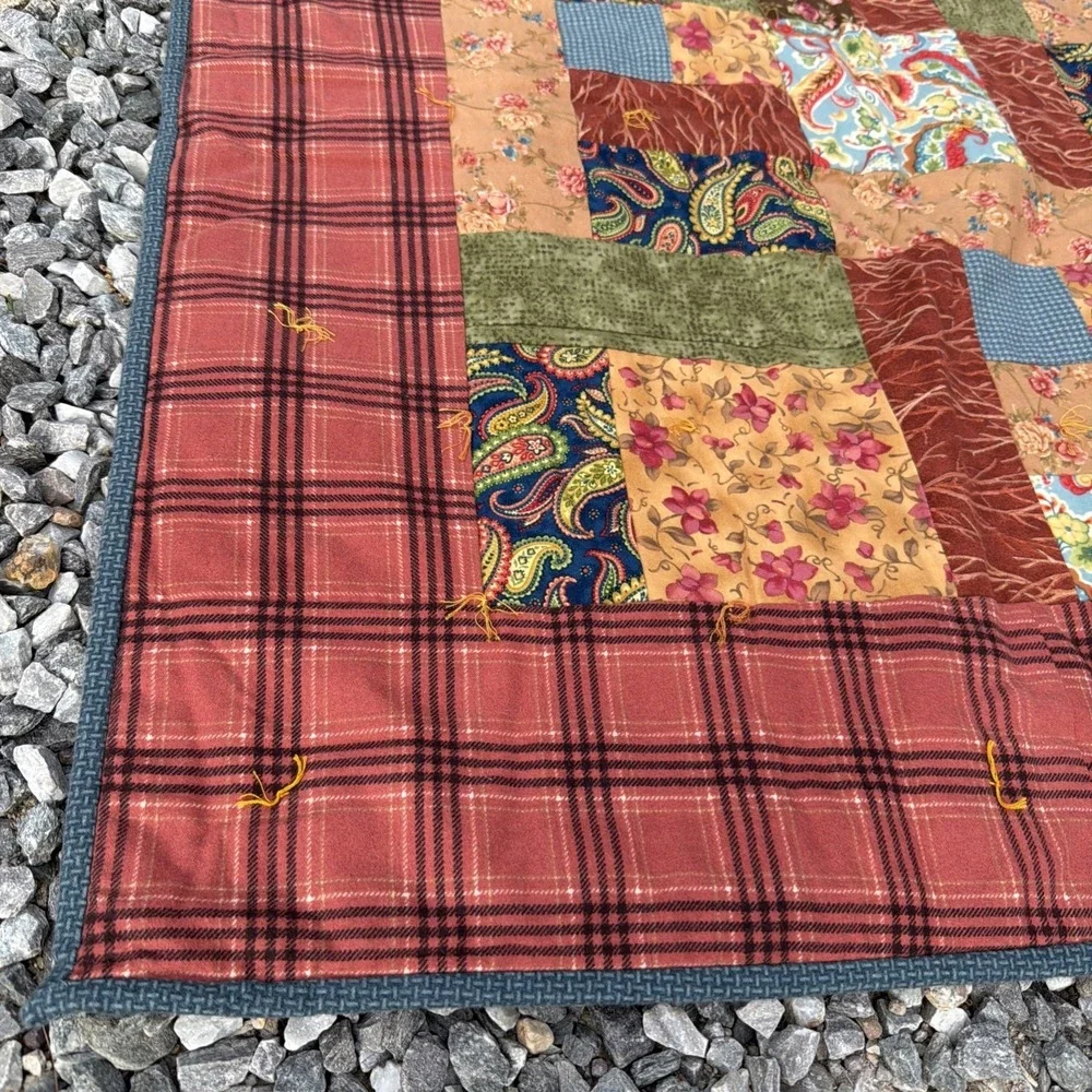 Vintage Handmade Patchwork Quilt Earth Tones Country Cottagecore Cozy 56 x 80